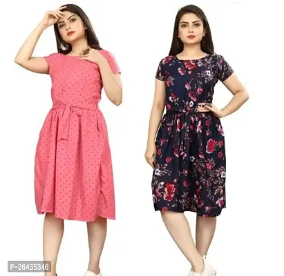 Stylish Multicolored Crepe Abstract Print A-Line Dress For Women Pack Of 2