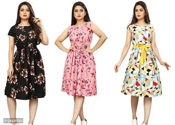 Stylish Multicolored Crepe Abstract Print A-Line Dress For Women Pack Of 3-thumb0