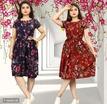 Stylish Multicolored Crepe Abstract Print A-Line Dress For Women Pack Of 2