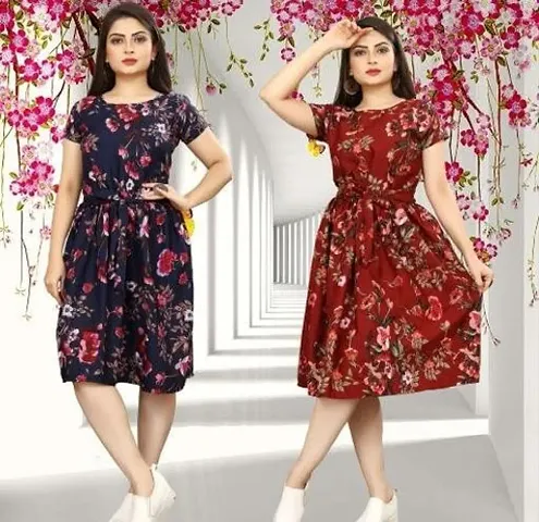 Stylish Crepe Abstract Print A-Line Dress For Women Pack Of 2