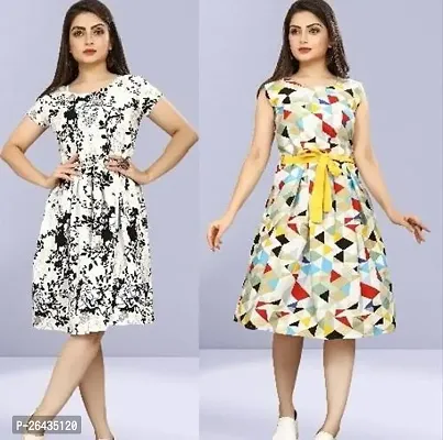 Stylish Multicolored Crepe Abstract Print A-Line Dress For Women Pack Of 2-thumb0