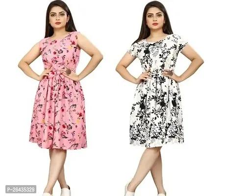 Stylish Multicolored Crepe Abstract Print A-Line Dress For Women Pack Of 2