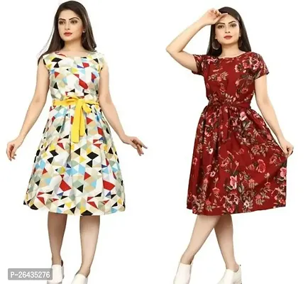 Stylish Multicolored Crepe Abstract Print A-Line Dress For Women Pack Of 2-thumb0