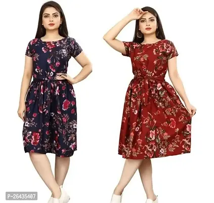 Stylish Multicolored Crepe Abstract Print A-Line Dress For Women Pack Of 2