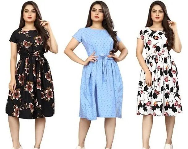 Stylish Crepe Abstract Print A-Line Dress For Women Pack Of 3