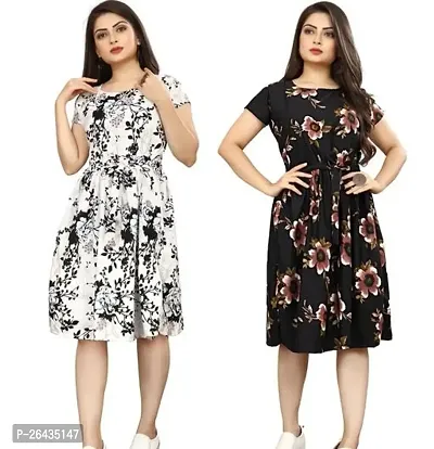 Stylish Multicolored Crepe Abstract Print A-Line Dress For Women Pack Of 2-thumb0