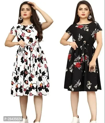 Stylish Multicolored Crepe Abstract Print A-Line Dress For Women Pack Of 2