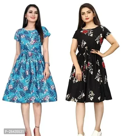 Stylish Multicolored Crepe Abstract Print A-Line Dress For Women Pack Of 2