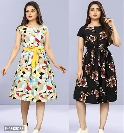 Stylish Multicolored Crepe Abstract Print A-Line Dress For Women Pack Of 2-thumb0