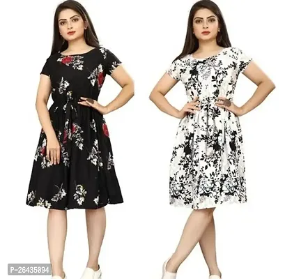 Stylish Multicolored Crepe Abstract Print A-Line Dress For Women Pack Of 2