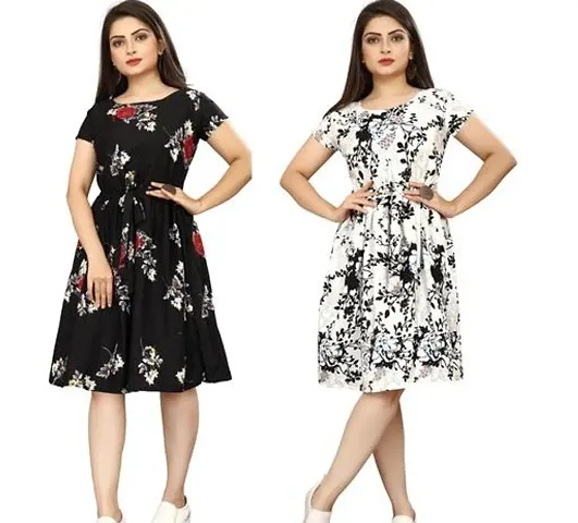 Stylish Crepe Abstract Print A-Line Dress For Women Pack Of 2