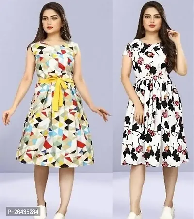 Stylish Multicolored Crepe Abstract Print A-Line Dress For Women Pack Of 2