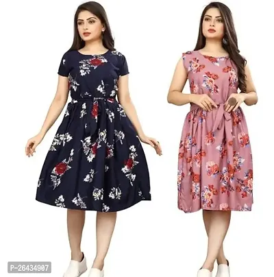 Stylish Multicolored Crepe Abstract Print A-Line Dress For Women Pack Of 2