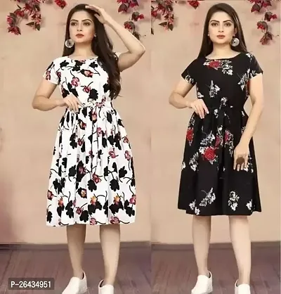 Stylish Multicolored Crepe Abstract Print A-Line Dress For Women Pack Of 2