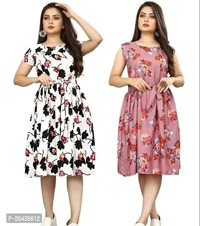 Stylish Multicolored Crepe Abstract Print A-Line Dress For Women Pack Of 2