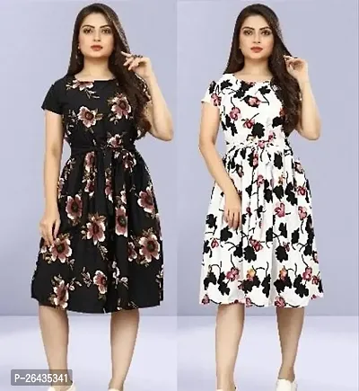 Stylish Multicolored Crepe Abstract Print A-Line Dress For Women Pack Of 2