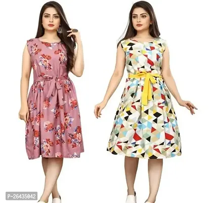 Stylish Multicolored Crepe Abstract Print A-Line Dress For Women Pack Of 2-thumb0
