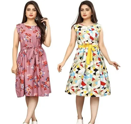 Stylish Crepe Abstract Print A-Line Dress For Women Pack Of 2