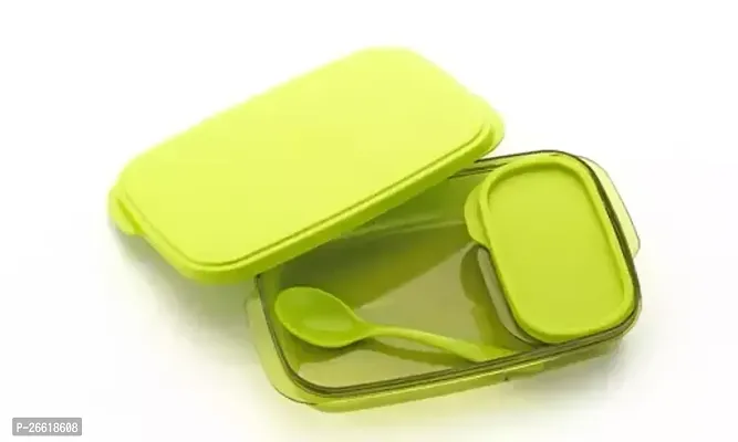 Plastic Compact Lunch Box Set 850 Ml 2 Pieces With Spoon Green Colour-thumb0