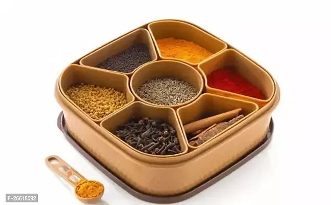 Plastic Masala Box - 1000 Ml MulticolourRound And Plastic Square 7 Sections Multipurpose Box Set Spice Box Set - Brown Masala Box - 7 In 1-thumb0