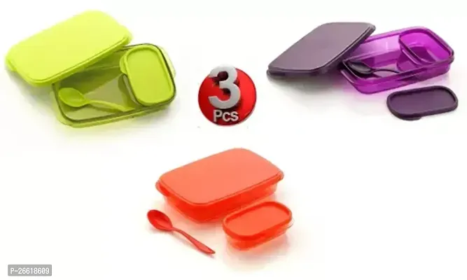 3 Pcs Plastic Compact Lunch Box Set 850 Ml 2 Pieces With Spoon Multicolour-thumb0