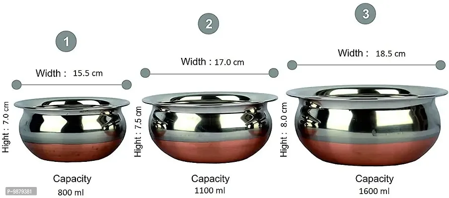 3 PCS Cooking and Serving Copper Bottom Handi Set with LID Kitchen Serving, Cooking Bowl-thumb2