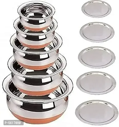 Stainless Steel Copper Base Serving Bowls Handi Set of 5 Pieces with Lids, Handi Set with Lid/Serving Bowl Set/Cookware Set/Sauce Pot and handis (1.5 L, 1.2 L, 1 L, 0.75 L, 0.5 L)-thumb1