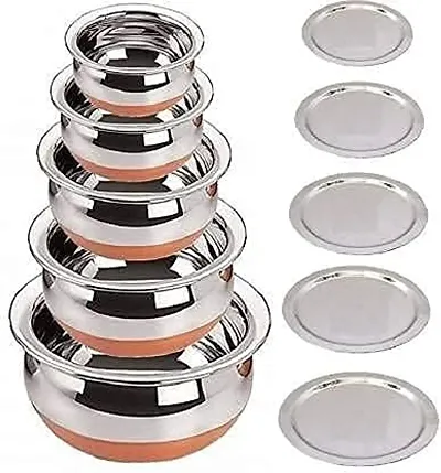 Stainless Steel Copper Base Serving Bowls Handi Set of 5 Pieces with Lids, Handi Set with Lid/Serving Bowl Set/Cookware Set/Sauce Pot and handis (1.5 L, 1.2 L, 1 L, 0.75 L, 0.5 L)