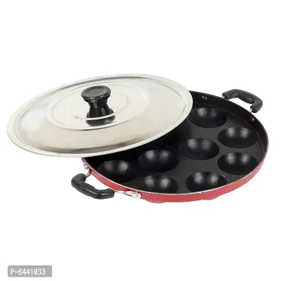 12 Cavity NonStick Aliminium Appam Patra 21 cm Paniyarakal with 2 Side Handle and Stainless Steel Lid Color May Vary Aluminium Multicolour-thumb0