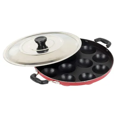 12 Cavity NonStick Aliminium Appam Patra 21 cm Paniyarakal with 2 Side Handle and Stainless Steel Lid Color May Vary Aluminium Multicolour
