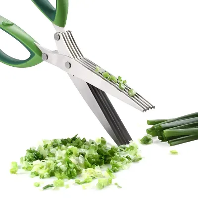 Herb Scissors Stainless Steel MultiUse Cutter Shears with 5 Blades and Cover with Cleaning Comb for Shredding Vegetables and Making Salad Colour May Vary