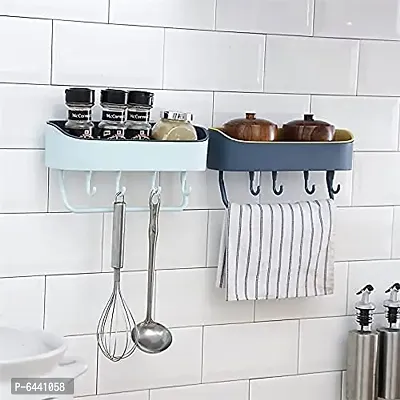 Multipurpose Plastic Kitchen Bathroom Shelf Wall Holder Storage Rack with 4 Hook Random Color Standard SizePack of 2-thumb0