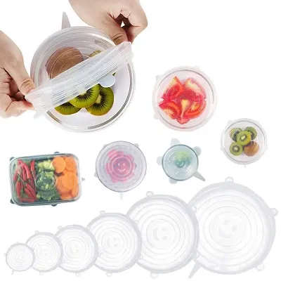 Vacuum Silicone White 6 Lids Stretchable Cover for Bowls Bottles Food Glass Cups Use in Microwave Small  LargeMedium Silicone Stretch lids Size Set of 6 Color May Vary