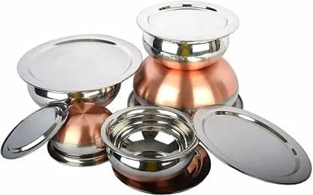 Stainless Steel Copper Bottom Handi,patila, Pot Biryani Punjabi Handi Set with Lid 5 Pieces Serving Bowls with Lids Cookware Set