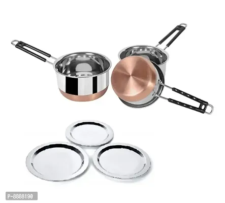 Heavy Stainless Steel Combo Milk Pan/ Sauce Pan/Tea PAN/Stainless Steel Sauce Pan, Milk Pan Bhagona combo of 3 pcs with lid-thumb0