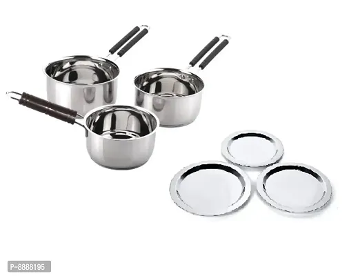 Heavy Stainless Steel Combo Milk Pan/ Sauce Pan/Tea PAN/Stainless Steel Sauce Pan, Milk Pan Bhagona combo of 3 pcs with lid-thumb0