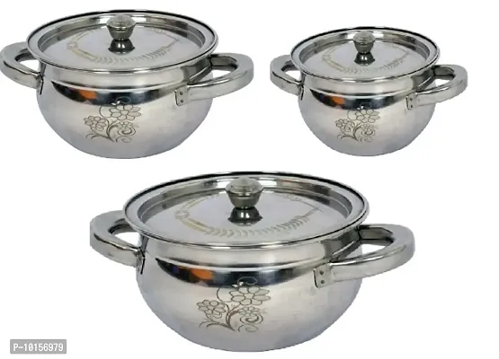 Stainless Steel Apple Handi with Lid Handle Cooking Serving Dining set of 3pcs Handi 1 L, 1.5 L, 2 L with Lid-thumb0
