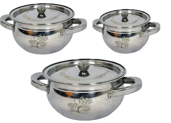 Stainless Steel Apple Handi with Lid Handle Cooking Serving Dining set of 3pcs Handi 1 L, 1.5 L, 2 L with Lid