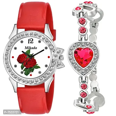 Mikado Red Verbena Analog Watch and Bracelet for Girls and Women