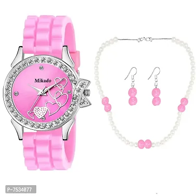 Mikado Pink Shine Heart Analog Women Watch with Beautiful Pink Jewel Set for Women-thumb0