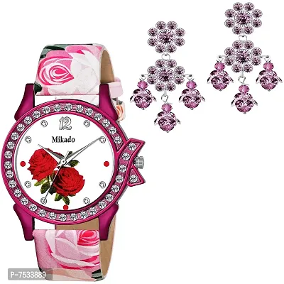 Mikado Classy Pink Rose Watch and Earring Combo for Women