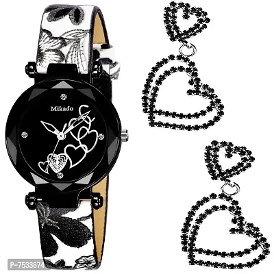 Mikado Gorgeous Black Double Heart Watch and Earring Combo for Women-thumb0