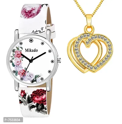 Mikado Women's White Trendy Analog Watch with White Beautiful Pendant (Water Resistance Depth: 30 Meters)