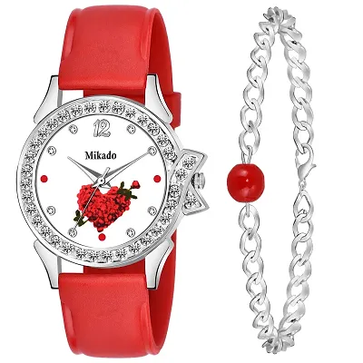 Mikado Red Universe Wrist Watch and Pearl Bracelet for Girls and Women