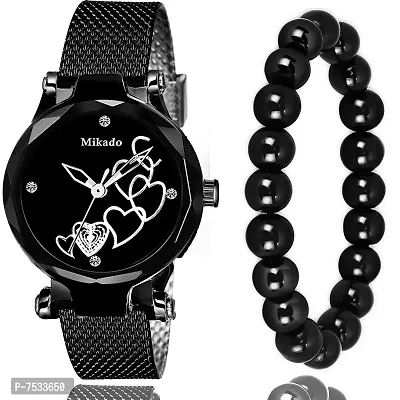 Mikado Black Crystal Beads and Black Heart Watch Combo for Women