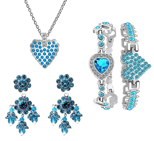 Mikado Women's Crystal Jewellery Set of Bracelet and Pendant and Earring Combo (Blue)