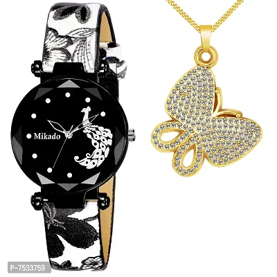 Mikado Black Peacock Butterfly Watch and Pendant Combo for Women and Girls