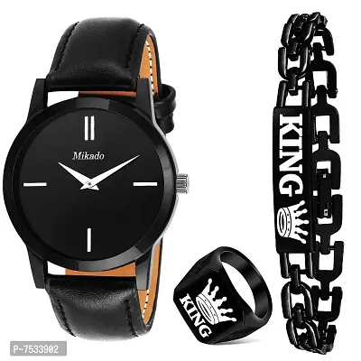 Mikado Men's and Boy's Analogue Black Watch Bracelet and Ring (Pack of 3)