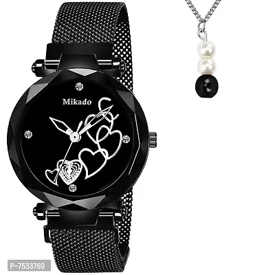 Mikado Gorgeous Black Beads Pendant and Watch for Women
