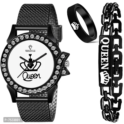 Versatile Analogue Girl's Watch (Off White Dial Black Colored Strap)